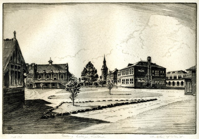 Etching of Geelong College by Austin Platt, circa 1934.